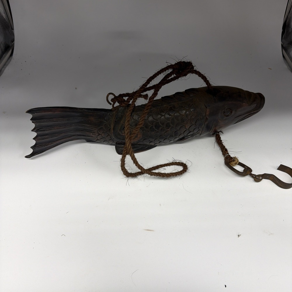 Antique Hand Japanese Carved Wood Jizai Kagi (Koi fish) Fire Place Hook 18 1/4"